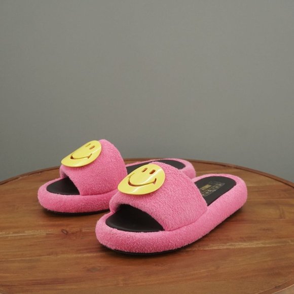 Smiley x Joshuas Womens Slide Sandals Size 39 / 9 Pink Terry Cloth Yellow Face - Picture 4 of 11